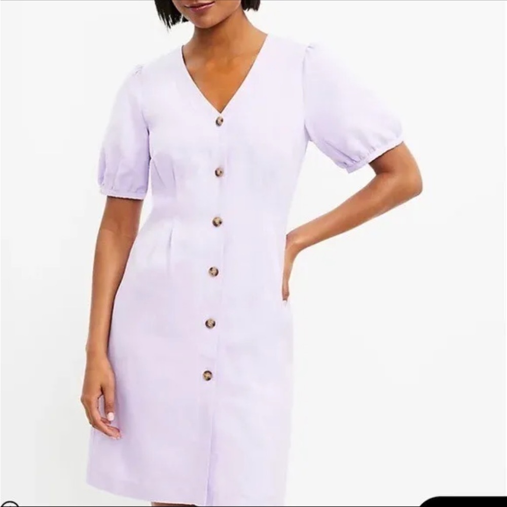 Loft Women’s Button V-Neck Dress - Size 2 Purp Linen Spring Summer